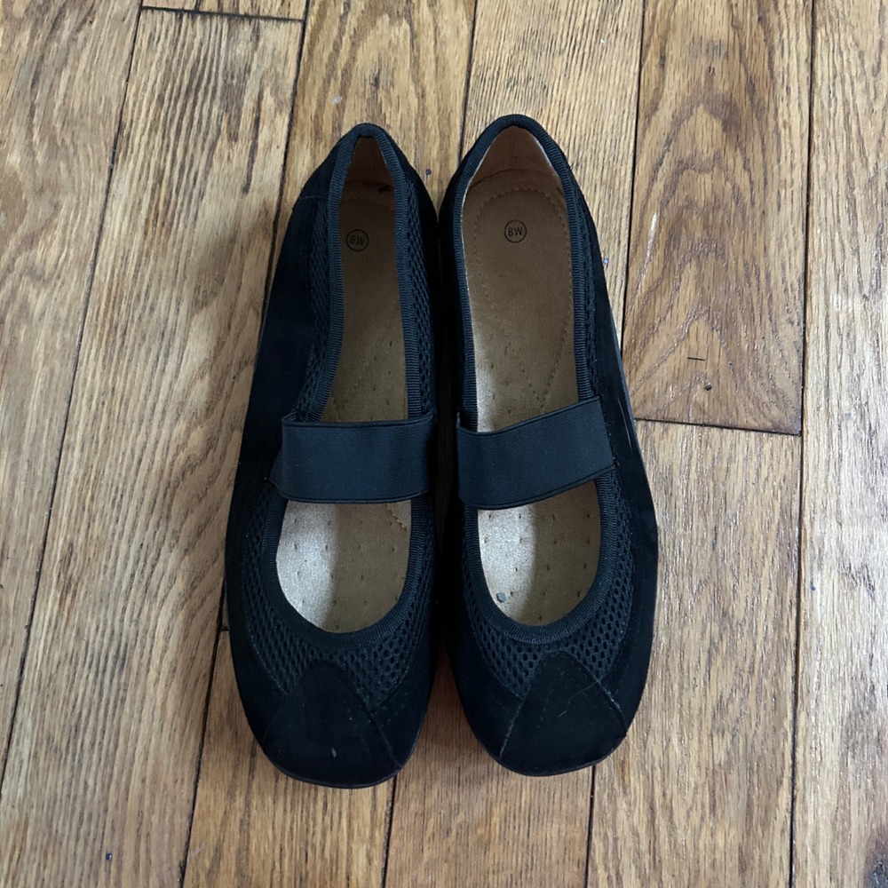 Black Mesh Mary Jane Flats Elastic Strap Comfort Shoes 8W